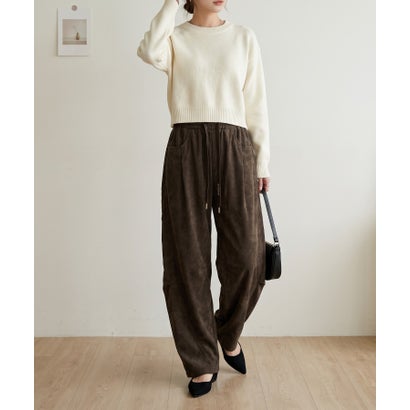 ルーズシルエットが魅力の、イージーカーブパンツ レディース バレルレッグパンツ ワイドパンツ ルーズパンツ 起毛 総ゴム ウエストゴム ゆったり カジュアル ミリタリー風 韓国 Y2K 秋服 冬服 （ブラウン）｜詳細画像