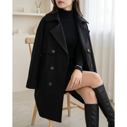 クラシカルな佇まいと美しいシルエットが魅力のミドル丈ダブルブレストコート ハーフコート レディース ベルト付き ウエストマーク Aライン 大きめ襟 きれいめ 上品 秋 冬 （ブラック）｜詳細画像