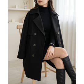 クラシカルな佇まいと美しいシルエットが魅力のミドル丈ダブルブレストコート ハーフコート レディース ベルト付き ウエストマーク Aライン 大きめ襟 きれいめ 上品 秋 冬 （ブラック）