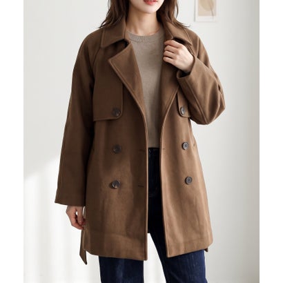 クラシカルな佇まいと美しいシルエットが魅力のミドル丈ダブルブレストコート ハーフコート レディース ベルト付き ウエストマーク Aライン 大きめ襟 きれいめ 上品 秋 冬 （ブラウン）｜詳細画像