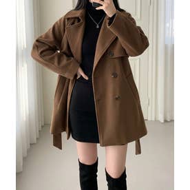クラシカルな佇まいと美しいシルエットが魅力のミドル丈ダブルブレストコート ハーフコート レディース ベルト付き ウエストマーク Aライン 大きめ襟 きれいめ 上品 秋 冬 （ブラウン）