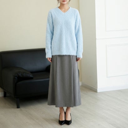 ふんわり素材が可愛い、ロング丈シャギーニット レディース シャギーニット Vネック 長袖 ゆったり ロング丈 柔らかい ふんわり ベーシック 秋服 冬服 きれいめ カジュアル アイボリー ブルー （ライトブルー）｜詳細画像