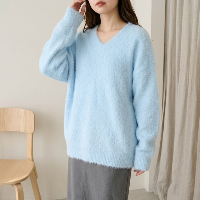 ふんわり素材が可愛い、ロング丈シャギーニット レディース シャギーニット Vネック 長袖 ゆったり ロング丈 柔らかい ふんわり ベーシック 秋服 冬服 きれいめ カジュアル アイボリー ブルー （ライトブルー）