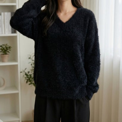 ふんわり素材が可愛い、ロング丈シャギーニット レディース シャギーニット Vネック 長袖 ゆったり ロング丈 柔らかい ふんわり ベーシック 秋服 冬服 きれいめ カジュアル アイボリー ブルー （レッド）｜詳細画像