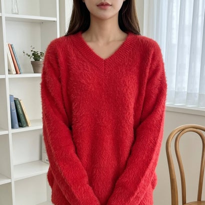 ふんわり素材が可愛い、ロング丈シャギーニット レディース シャギーニット Vネック 長袖 ゆったり ロング丈 柔らかい ふんわり ベーシック 秋服 冬服 きれいめ カジュアル アイボリー ブルー （ピンク）｜詳細画像