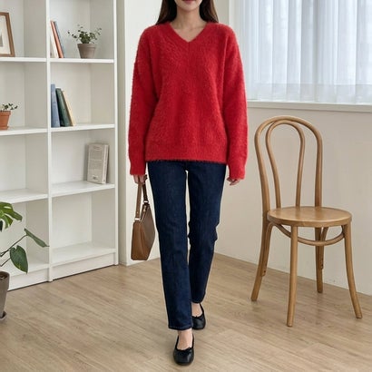 ふんわり素材が可愛い、ロング丈シャギーニット レディース シャギーニット Vネック 長袖 ゆったり ロング丈 柔らかい ふんわり ベーシック 秋服 冬服 きれいめ カジュアル アイボリー ブルー （ピンク）｜詳細画像