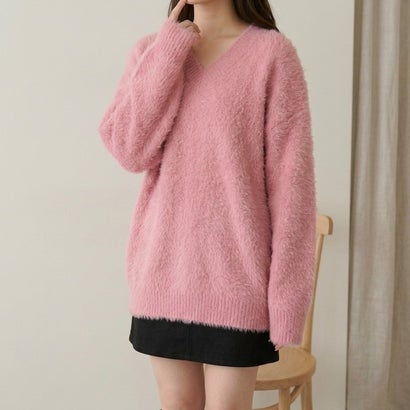 ふんわり素材が可愛い、ロング丈シャギーニット レディース シャギーニット Vネック 長袖 ゆったり ロング丈 柔らかい ふんわり ベーシック 秋服 冬服 きれいめ カジュアル アイボリー ブルー （ピンク）｜詳細画像