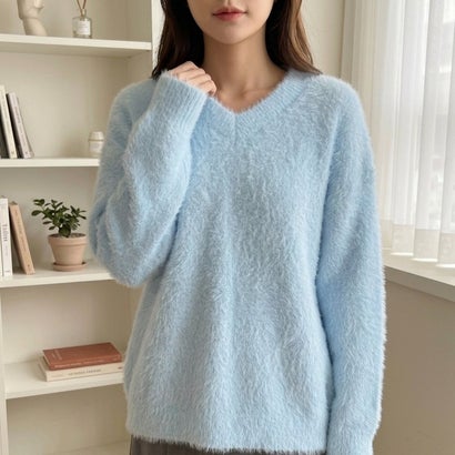 ふんわり素材が可愛い、ロング丈シャギーニット レディース シャギーニット Vネック 長袖 ゆったり ロング丈 柔らかい ふんわり ベーシック 秋服 冬服 きれいめ カジュアル アイボリー ブルー （ピンク）｜詳細画像
