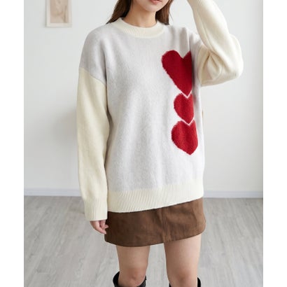 秋冬コーデの主役になる、立体ハートニット レディース ハート ハートモチーフ 立体 サガラ刺繍風 厚手 長袖 ガーリー フェミニン 韓国 Y2K 秋服 冬服 大人可愛い トップス （ホワイト）｜詳細画像