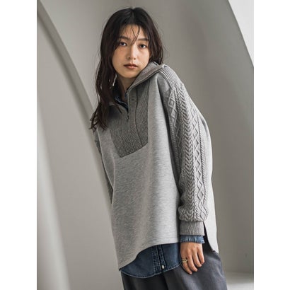 【40周年限定】ケーブルニットスリーブハーフZIPダンボールプルオーバー （ライトグレー）｜詳細画像