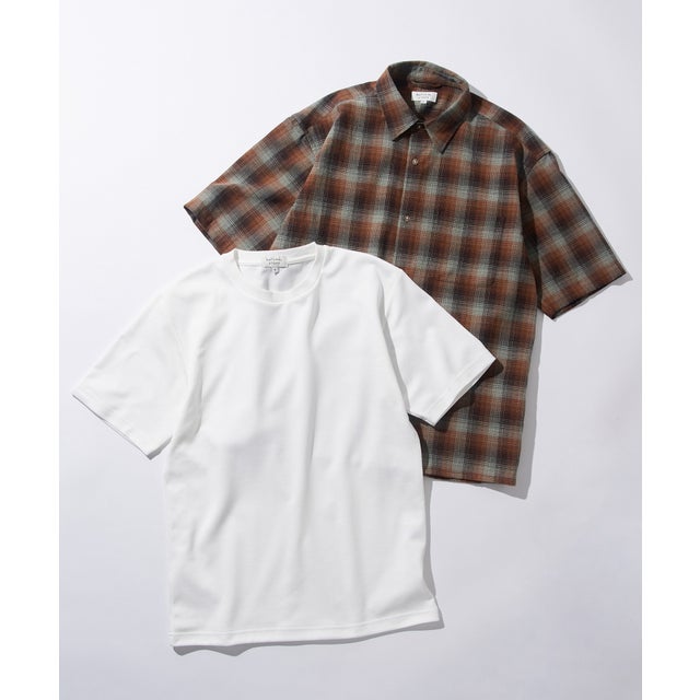 半袖チェックシャツ + 無地インナーTシャツ 2点セット 6270-9076 MNY （ブラウン）