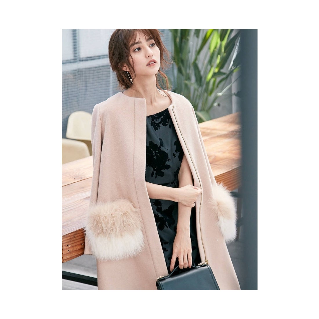 MERCURYDUO バイカラーFOXファー付コート ピンク -ファッション通販 