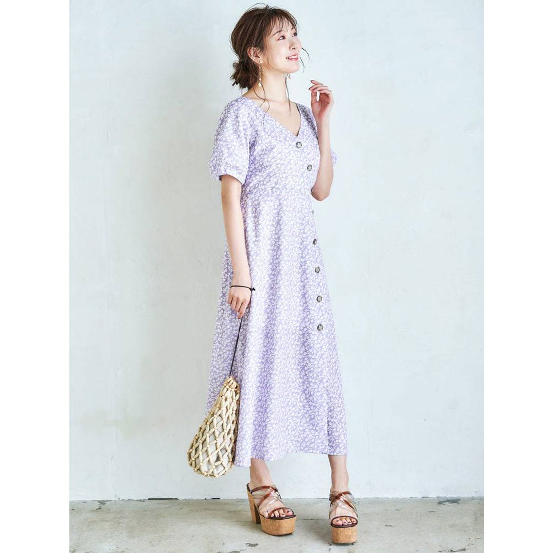 ボタン付フラワーカシュクールワンピース（ラベンダー） 【新品 
