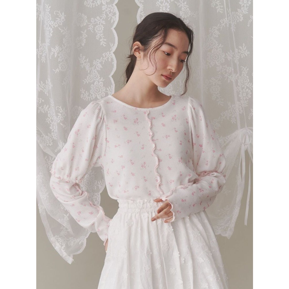 メリージェニー merry jenny flowerパフスリーブtops （ブルー 