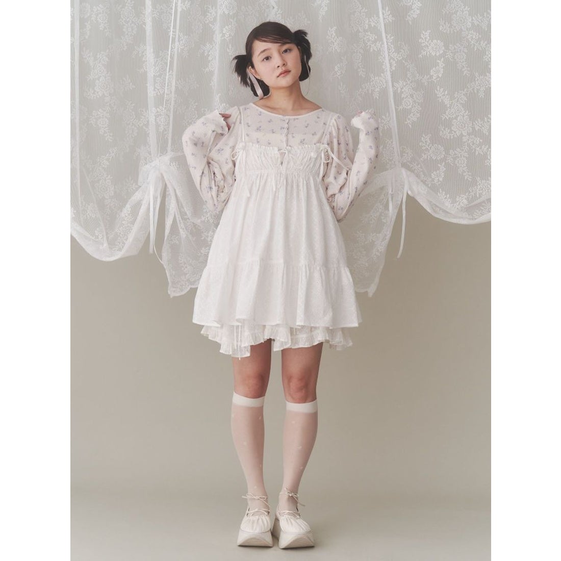 メリージェニー merry jenny flowerパフスリーブtops （ブルー 