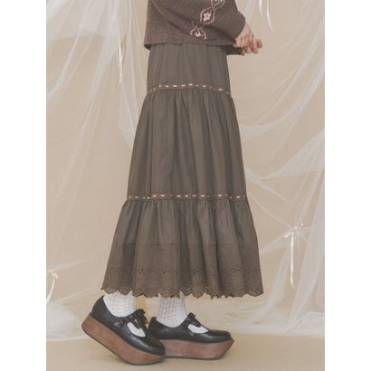 lace ribbonギャザースカート （カーキ）｜詳細画像