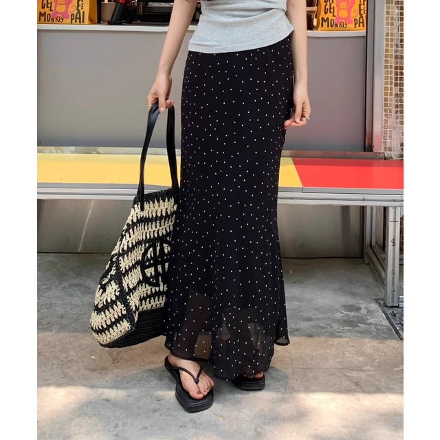 ドット柄シフォンロングスカート （ブラック）