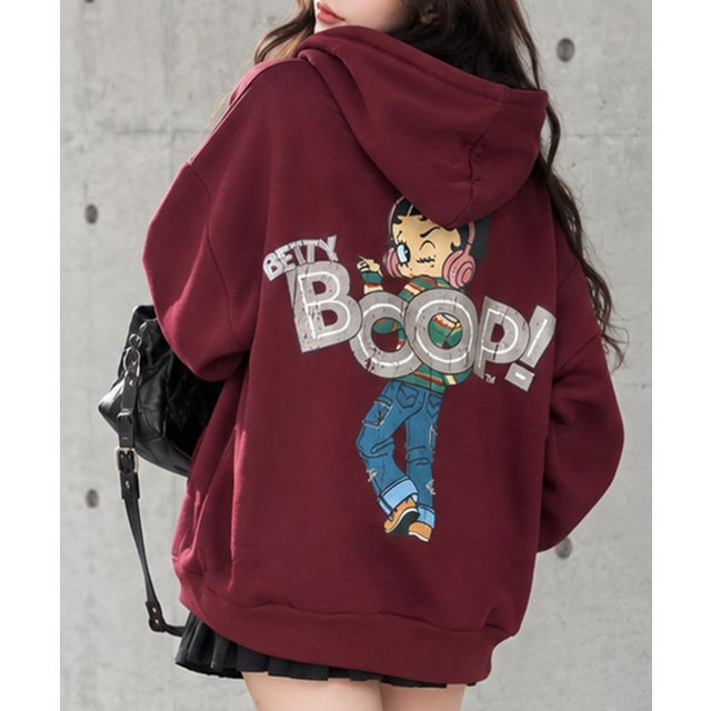 裏起毛BETTY BOOP バックプリントオーバーサイズパーカー （ワインレッド）