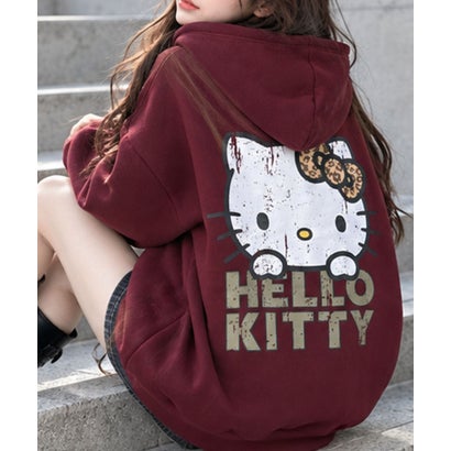 裏起毛HELLO KITTY バックプリントオーバーサイズパーカー （ワインレッド）｜詳細画像