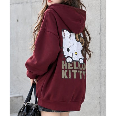 裏起毛HELLO KITTY バックプリントオーバーサイズパーカー （ワインレッド）｜詳細画像