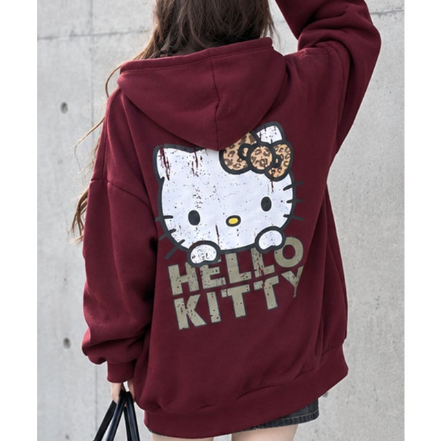 裏起毛HELLO KITTY バックプリントオーバーサイズパーカー （ワインレッド）