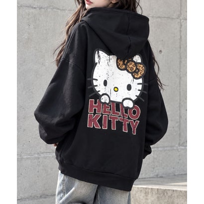 裏起毛HELLO KITTY バックプリントオーバーサイズパーカー （ブラック）｜詳細画像