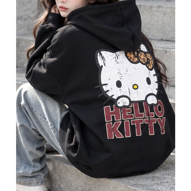 裏起毛HELLO KITTY バックプリントオーバーサイズパーカー （ブラック）