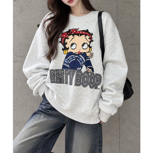 裏起毛BETTY BOOPフロント＆バックプリントオーバーサイズトレーナー （モクグレー）