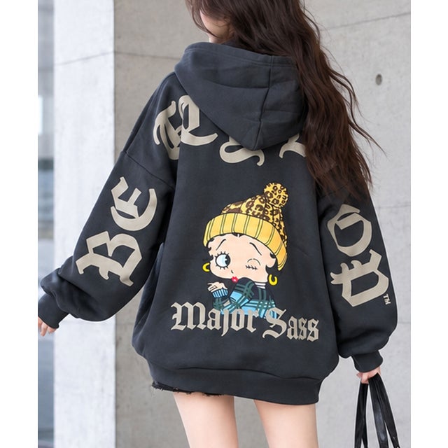 裏起毛BETTY BOOPバックプリントオーバーサイズパーカー （チャコールグレー）