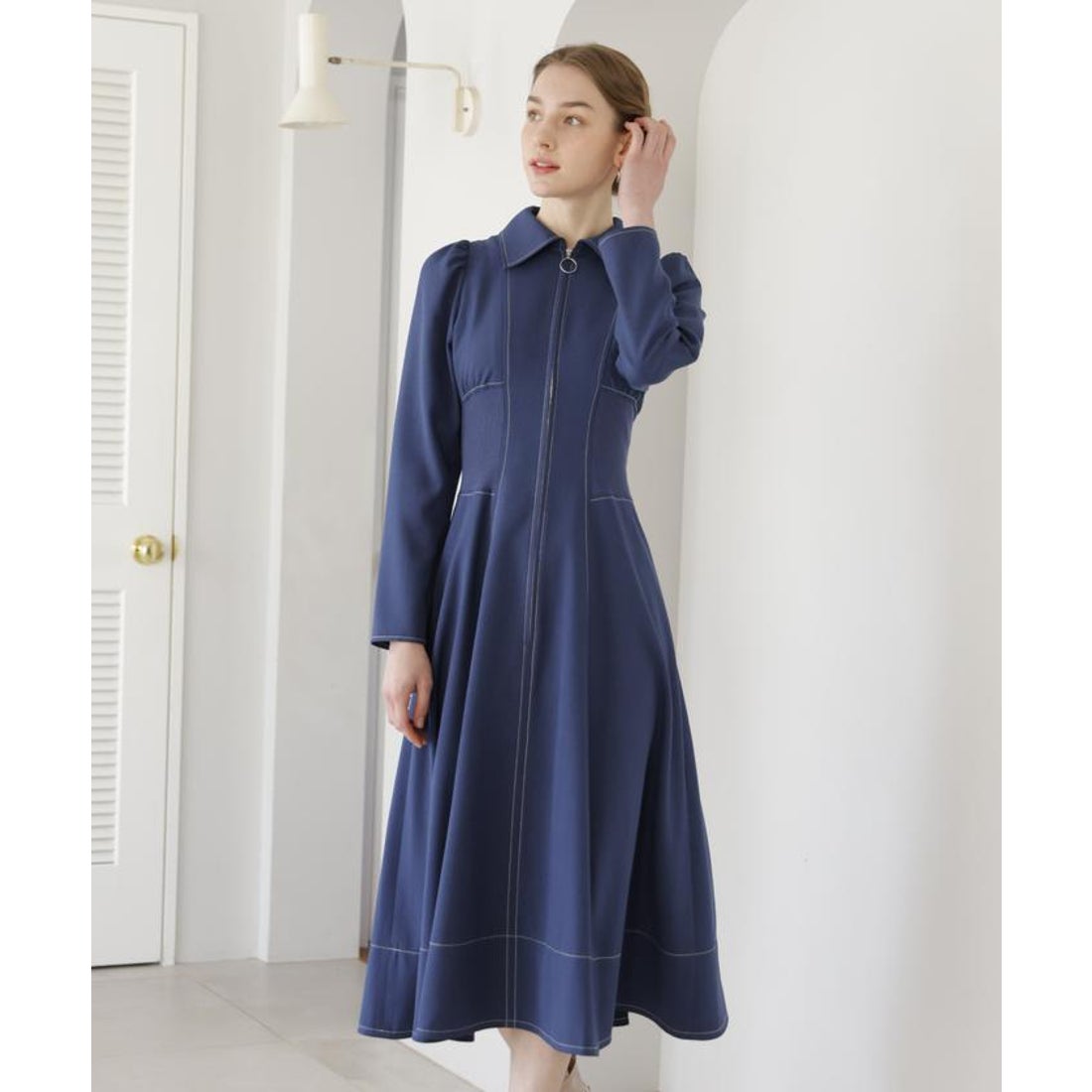 アンドクチュール AND COUTURE ウエストリブフロントジップワンピース 