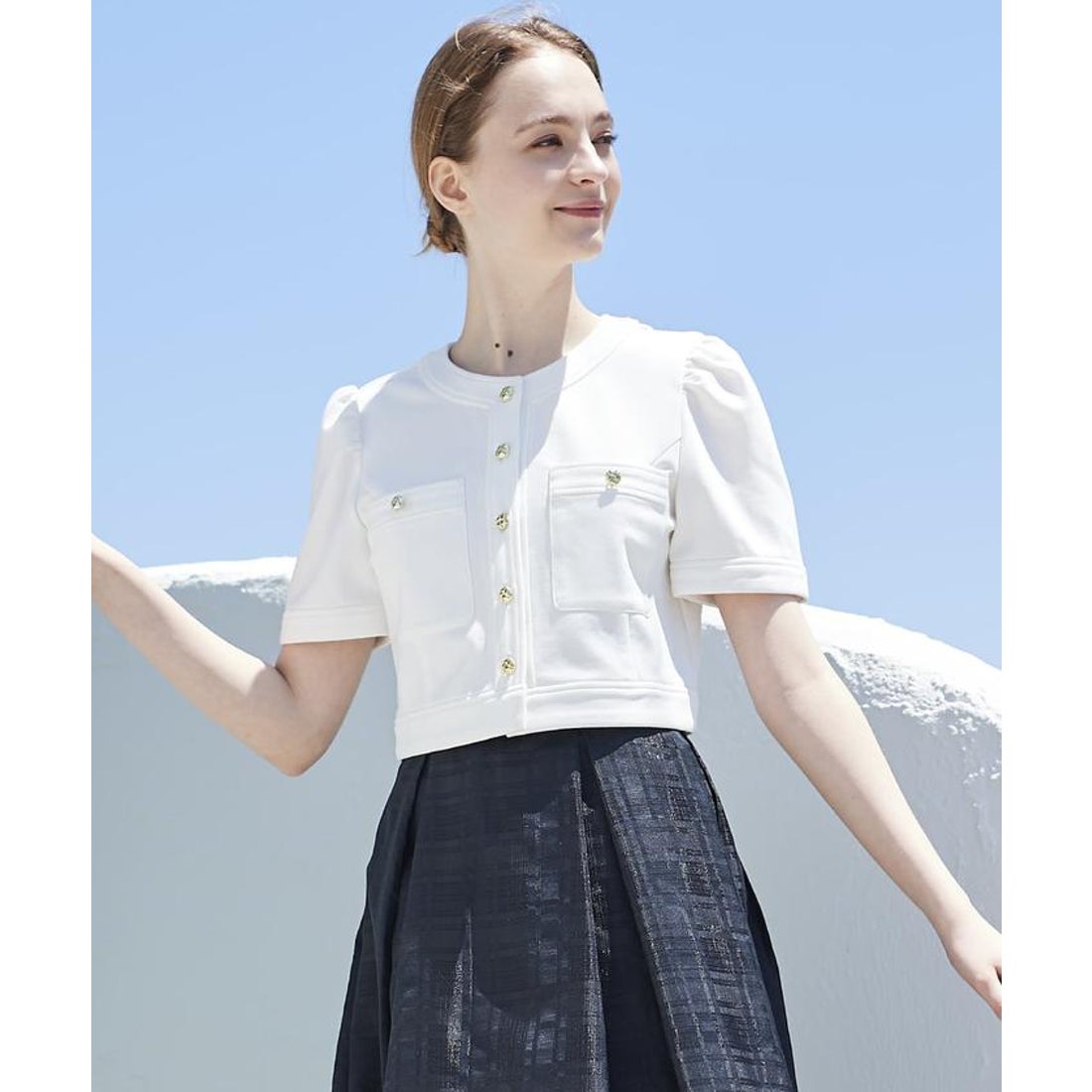 アンドクチュール AND COUTURE ポンチノーカラージャケット （ブルー