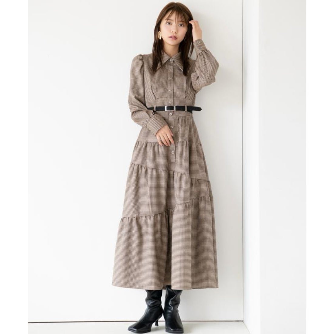 アンドクチュール AND COUTURE 千鳥ティアードシャツワンピース