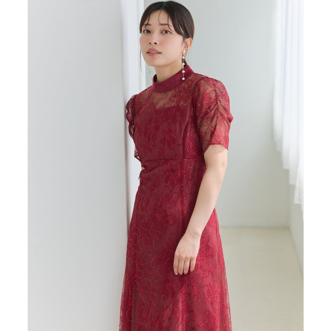 レース ドレス 赤 アンドクチュール AND COUTURE スパンコールラッセル 