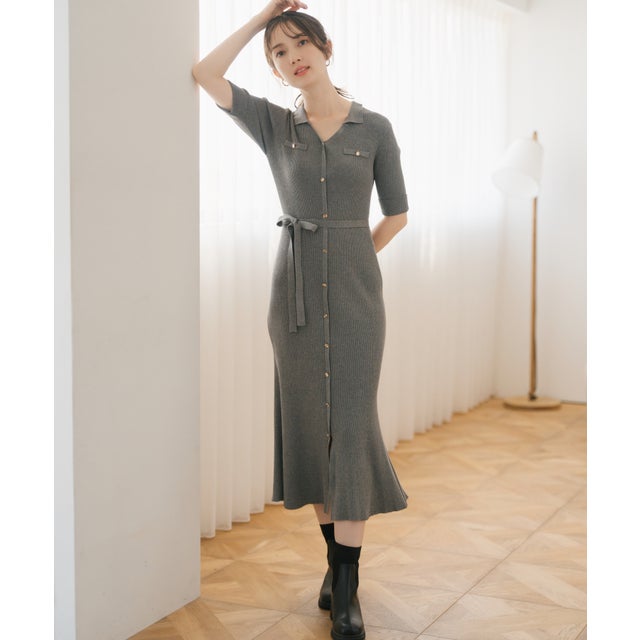 2025秋冬新作 ポロ衿ニットワンピース （GREY）
