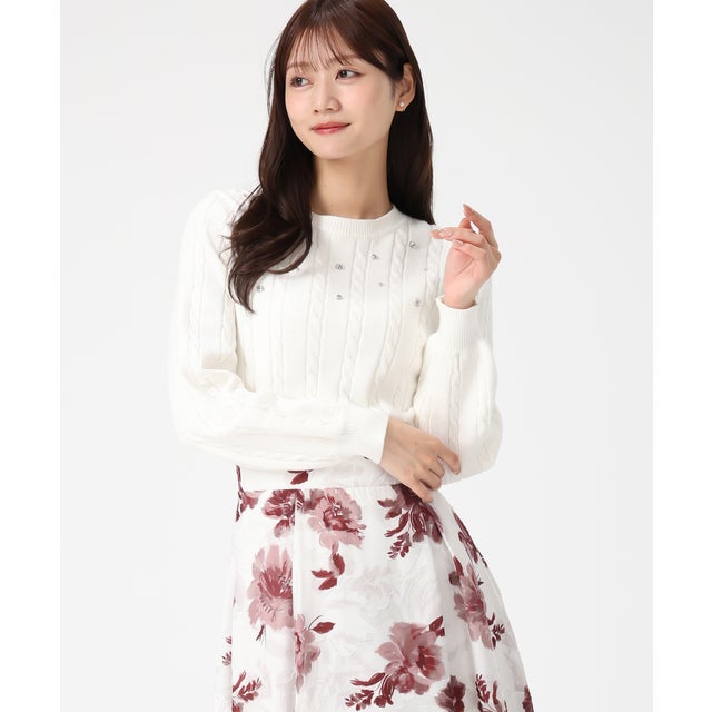 2025秋冬新作 バックリボンビジューケーブルニット MM548323 （WHITE）