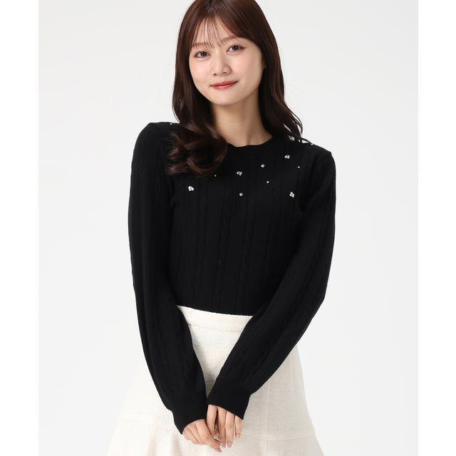 2025秋冬新作 バックリボンビジューケーブルニット MM548323 （BLACK）