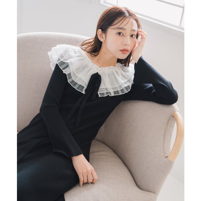 2025秋冬新作 レースチュール襟マーメイドニットワンピース MM547418 （BLACK）