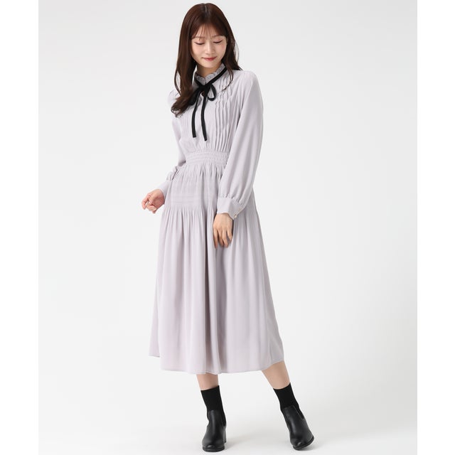 2025秋冬新作 配色リボンプリーツシフォンワンピース MM547423 （BLUE）
