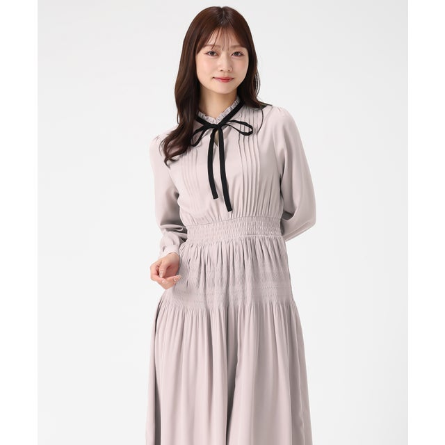 2025秋冬新作 配色リボンプリーツシフォンワンピース MM547423 （PINK）