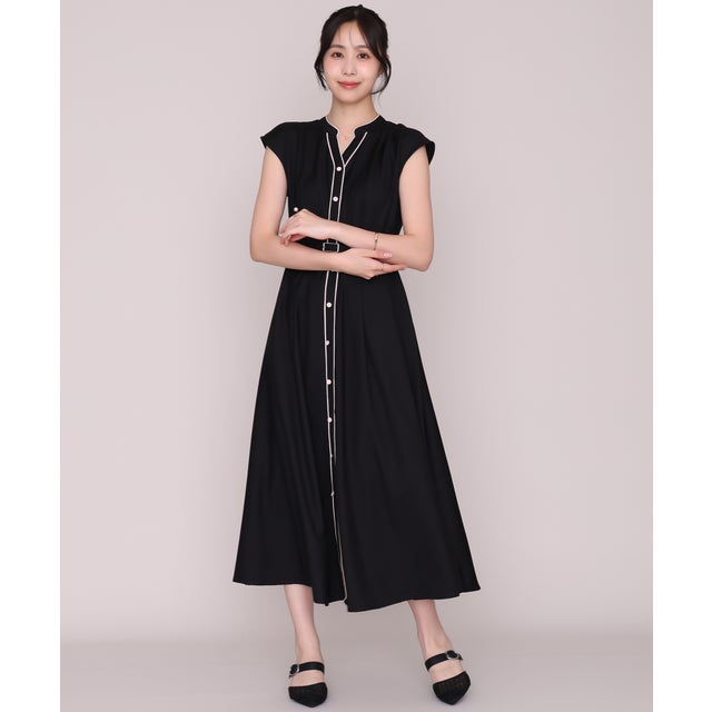 2026秋冬新作 配色ラインフレンチスリーブワンピース MM637401 （BLACK）