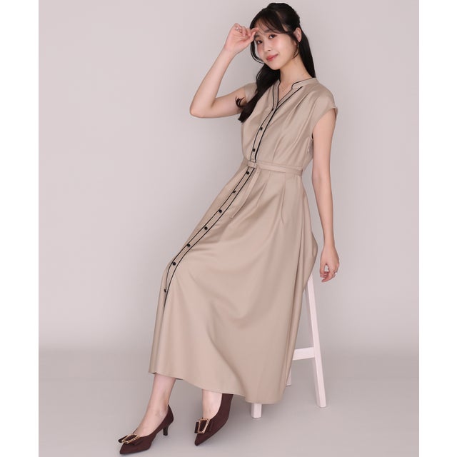 2026秋冬新作 配色ラインフレンチスリーブワンピース MM637401 （CAMEL）