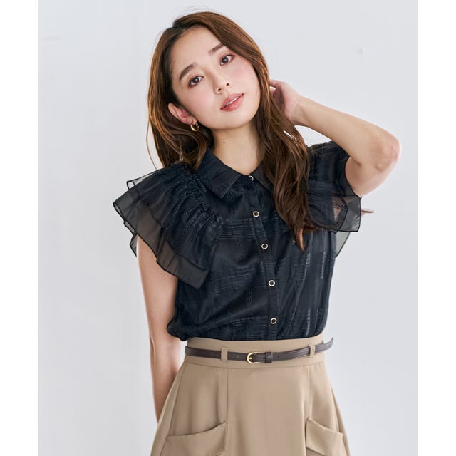 2026秋冬新作 チェックシアーレース襟付きブラウス MM638103 （BLACK）