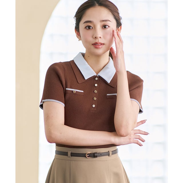 2026秋冬新作 カラーレイヤードダブル襟ポロニット MM638303 （BROWN）