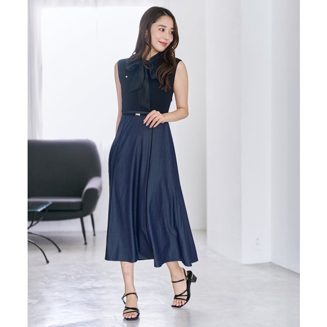 2026秋冬新作 ボウタイフレンチスリーブデニムドッキングワンピース MM637402 （BLACK）