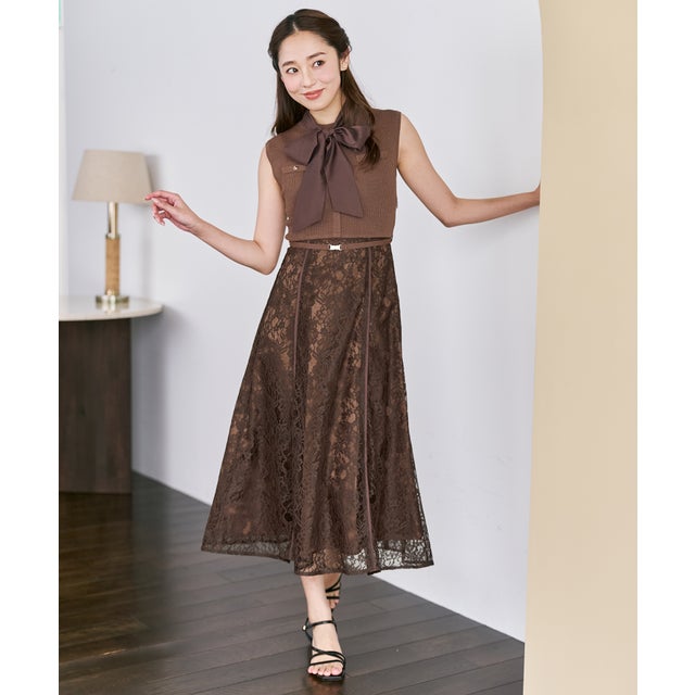2026秋冬新作 ボウタイフレンチスリーブレースドッキングワンピース MM637403 （BROWN）