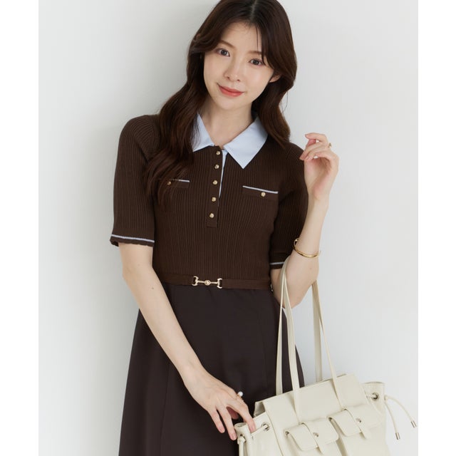 2026秋冬新作 襟付き配色ポロニットドッキングワンピース MM637412 （BROWN）