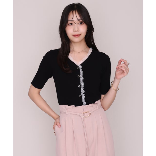 2026秋冬新作 レーストリムVネック5分袖リブニット MM638304 （BLACK）
