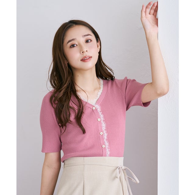 2026秋冬新作 レーストリムVネック5分袖リブニット MM638304 （PINK）