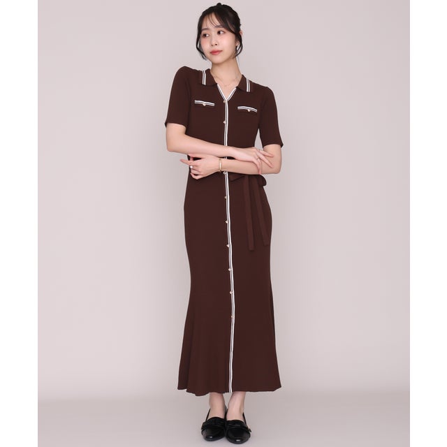 2026秋冬新作 マルチ配色ポロ襟ニットワンピース MM637405 （BROWN）