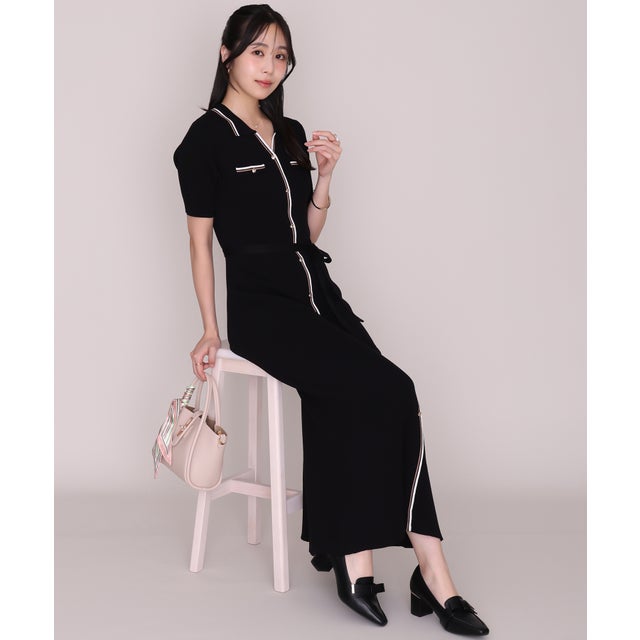 2026秋冬新作 マルチ配色ポロ襟ニットワンピース MM637405 （BLACK）